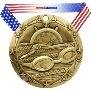 Decade Awards Swimming World Class Medal - 3 Inch Wide Swim Meet Second Place Medallion with Stars and Stripes American Flag V Neck Ribbon