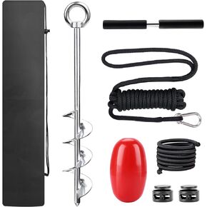 Abimars 17" Sand Anchor Kit, 304 Stainless Steel Triple Spiral Auger Boat Anchor with 15’ Dock Lines and Red Float, Ideal for Watercraft Up to 25'