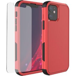 Heavy Duty Case for iPhone 12/12 Pro, 3-Layers Drop Protection Phone Case with [Tempered Glass Screen Protector] Shockproof Rugged Case Cover for iPhone 12/12 Pro 6.1 Inch - Red/Black