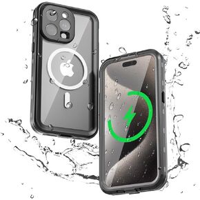 حافظة لهاتف iPhone 15 مقاومة للماء والغبار، [IP68 تحت الماء] [متوافقة مع Magsafe] [واقي شاشة مدمج] غطاء هاتف متين عالي التحمل لكامل الجسم 6.1 بوصة، أخضر/شفاف