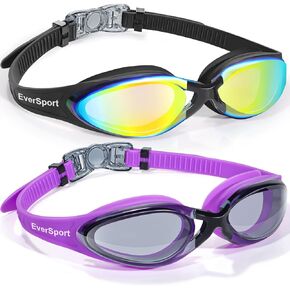 EverSport Adult Swim Goggles 2 Pack, Anti Fog Wide View Swimming Goggles for Women Men Youth No Leak