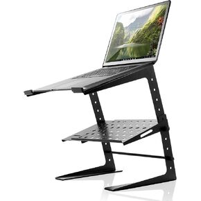 Pyle Portable Adjustable Laptop Stand - 6.3 to 10.9 Inch Standing Table Monitor or Computer Desk Workstation Riser with Shelf Storage and Height Alignment for DJ, PC, Gaming, Home or Office - PLPTS26