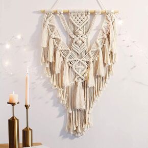 ANROYE Macrame Boho Wall Hanging Decor, Geometric Woven Tapestry Chic Cotton Handmade Bohemian Art with Long Tassel, Large Craft Ornament for Dorm Home Bedroom Western Room Decoration Gift for Women