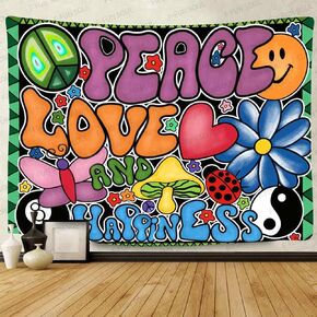 Peace Love and Happiness Tapestry, Groovy Tapestry 80x60inches Soft Flannel, 70s Theme Party Tapestries Hippie Aesthetic Tapestry Wall Hanging for Bedroom Living Room Decor GTZYFS194