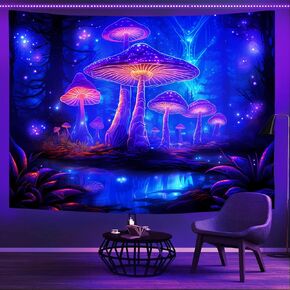 Yieldeer Mushroom Tapestry Blacklight, Fantasy Forest Mushroom Posters UV Reactive Glow in the Dark Tapestry Wall Hanging Black Light Room Decor Living Room Dorm Bedroom Aesthetic (60" x 50")