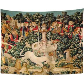 Semtomn Tapestry Artwork Wall Hanging Unicorn Tapestries Medieval Hunt Found Mythical Creatures 60x80 Inches Home Decor Tapestries Mattress Tablecloth Curtain Print