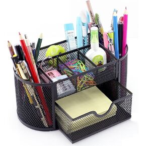 Desk Supplies Organizer Multi-functional Stationery Caddy Mesh Oval Pencil Holder Desk Office Supplies Organizer 9 Compartments with Drawer for Note Pads Black