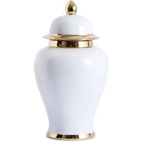 White Ginger Jar with Gold Trim, Ginger Jar Vase Decor for Centerpiece Table Decorations,Living Room Decor, Shelf Decor,15inches