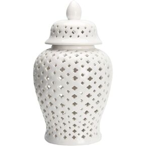 Ginger Jar Traditional Pierced Ginger Jar with Lid Ceramic Flower Vase Carved Lattice Decorative Temple Jar White Ginger Jars for Home Decor