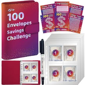100 Envelopes Money Saving Challenge Binder, 100 Envelope Challenge Binder - Fun and Organized Budgeting Book for 5050 Dollar Savings in 100 Deposits (Pink)