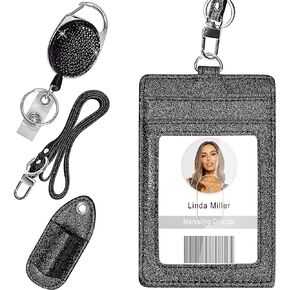 Retractable ID Badge Holder, Multipurpose Bling Rhinestone Badge Reel with Belt Clip, Shiny PU Leather Badge Holder with Lanyard and Pen Holder for Nurse, Teacher, Student, Office Worker (Purple)