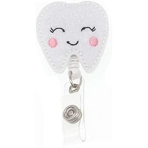 Smiling Tooth Shape Felt Badge Holder Cute Medical Retractable ID Badge Reel Gift for Nurse/Doctor/Dentist/Medical Staff