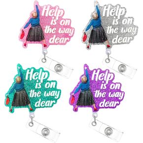 HASFINE 4 Pack Glittering Retractable Badge Reels - "Help is On The Way" Caregiver-Inspired Funny Acrylic ID Badge Holder with Alligator Clip for Nurses Students Teachers Lawyer & Office Staff