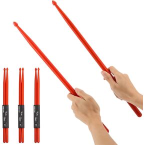 3 Pairs Nylon Drumsticks 5A Drum Sticks with AntiI-Slip Handles for Kids Adults Beginners Practice, Cardio Drumming (Red)