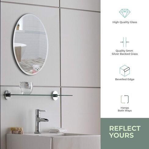 Neue Design Mood Oval Bathroom Mirror Wall Mounted (24 x 32 Inch), Vertical & Horizontal, Frameless with Beveled Edges for Bathroom Vanity in Saudi Arabia
