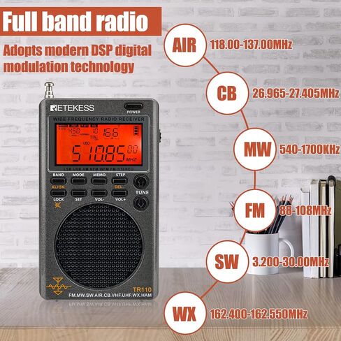 Retekess TR110 Portable SSB Shortwave Radio, Airband Radio Receiver, Full Band Radio MW FM SW Air CB with NOAA Alert, FM Stereo, Clock, Sleep Timer in Saudi Arabia