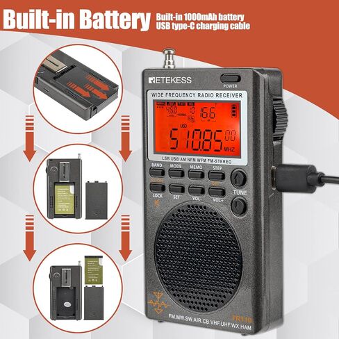 Retekess TR110 Portable SSB Shortwave Radio, Airband Radio Receiver, Full Band Radio MW FM SW Air CB with NOAA Alert, FM Stereo, Clock, Sleep Timer in Saudi Arabia