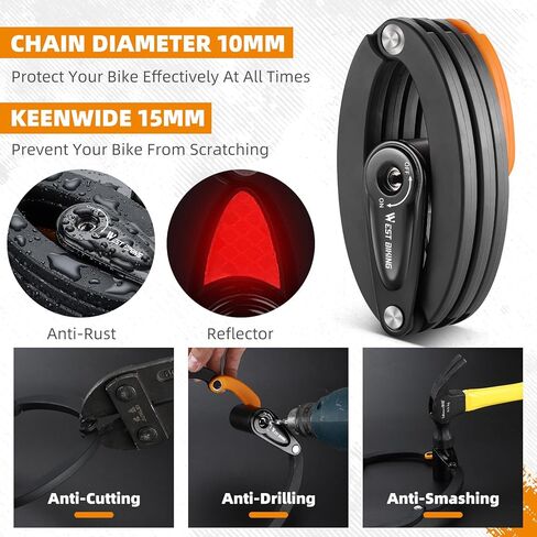 قفل دراجة قابل للطي مع 3 مفاتيح، قفل دراجة شديد التحمل مضاد للسرقة مع حامل عاكس، قفل سلسلة دراجة أمان بطول 2.8 قدم للدراجات أو السكوتر أو الدراجة الإلكترونية أو عربة الأطفال أو الجهاز الخارجي in Kuwait