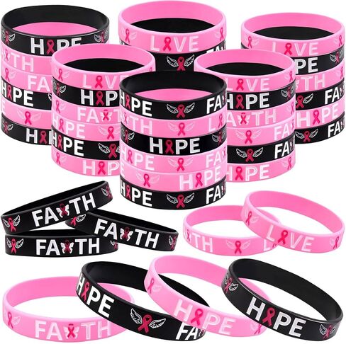 OAOLEER 50 Pack Black Pink Breast Cancer Awareness Pink Ribbon Bracelets Hope Faith Strength Courage Inspiring Wristbands in Kuwait