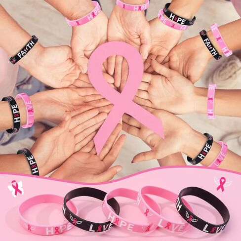 OAOLEER 50 Pack Black Pink Breast Cancer Awareness Pink Ribbon Bracelets Hope Faith Strength Courage Inspiring Wristbands in Kuwait