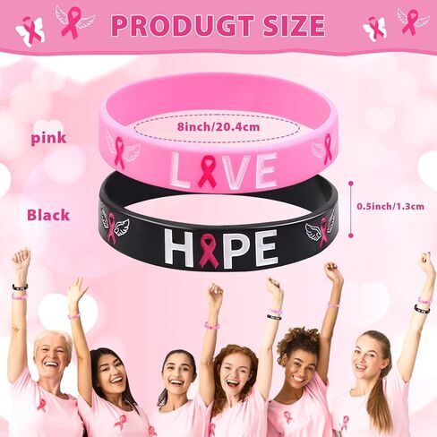 OAOLEER 50 Pack Black Pink Breast Cancer Awareness Pink Ribbon Bracelets Hope Faith Strength Courage Inspiring Wristbands in Kuwait