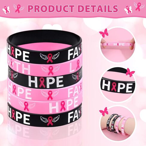 OAOLEER 50 Pack Black Pink Breast Cancer Awareness Pink Ribbon Bracelets Hope Faith Strength Courage Inspiring Wristbands in Kuwait