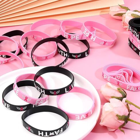 OAOLEER 50 Pack Black Pink Breast Cancer Awareness Pink Ribbon Bracelets Hope Faith Strength Courage Inspiring Wristbands in Kuwait