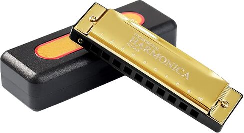 Blues Harmonica Key of C، 10 فتحات 20 نغمة للفم، قيثارة زرقاء مع حافظة صلبة، هارمونيكا دياتونيك للأطفال والكبار والمبتدئين والمهنيين والطلاب وهدايا عيد الميلاد (ذهبي) in Kuwait