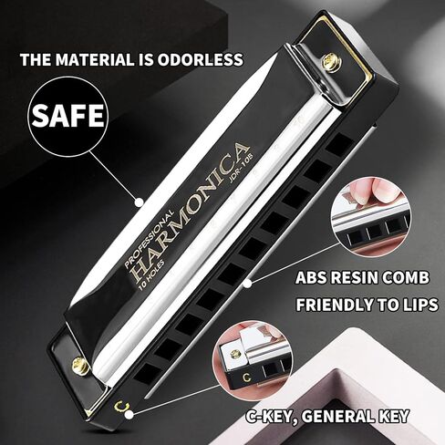 Blues Harmonica Key of C، 10 فتحات 20 نغمة للفم، قيثارة زرقاء مع حافظة صلبة، هارمونيكا دياتونيك للأطفال والكبار والمبتدئين والمهنيين والطلاب وهدايا عيد الميلاد (ذهبي) in Kuwait