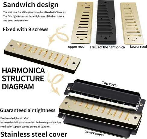 Blues Harmonica Key of C، 10 فتحات 20 نغمة للفم، قيثارة زرقاء مع حافظة صلبة، هارمونيكا دياتونيك للأطفال والكبار والمبتدئين والمهنيين والطلاب وهدايا عيد الميلاد (ذهبي) in Kuwait