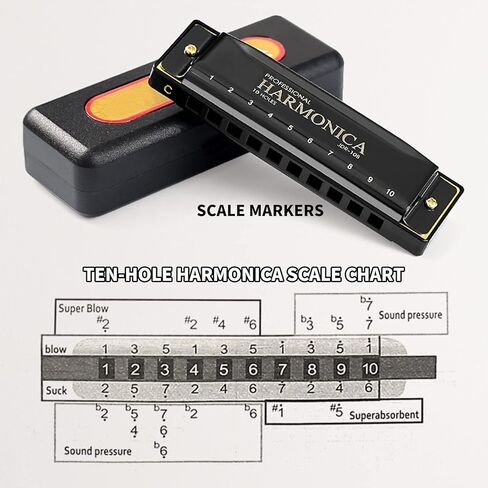 Blues Harmonica Key of C، 10 فتحات 20 نغمة للفم، قيثارة زرقاء مع حافظة صلبة، هارمونيكا دياتونيك للأطفال والكبار والمبتدئين والمهنيين والطلاب وهدايا عيد الميلاد (ذهبي) in Kuwait