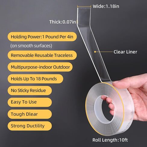 Heavy-Duty Double Sided Mounting Tape (1.2" x 120") – Removable & Reusable – Clear Nano Adhesive – Multipurpose Picture Hanging Strips, Carpet Tape, Poster & Decor Mounting(10FT) in Saudi Arabia