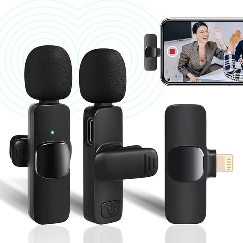 Wireless Lavalier Microphone iPhone Android: Wireless Mic for Vlogging & Interview - Lapel Clip Microphones for ipad & iPhone Video Recording - Mini Mics for YouTube Vlog (Black-iOS) in Saudi Arabia