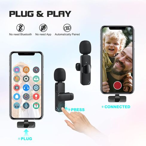 Wireless Lavalier Microphone iPhone Android: Wireless Mic for Vlogging & Interview - Lapel Clip Microphones for ipad & iPhone Video Recording - Mini Mics for YouTube Vlog (Black-iOS) in Saudi Arabia