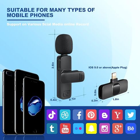 Wireless Lavalier Microphone iPhone Android: Wireless Mic for Vlogging & Interview - Lapel Clip Microphones for ipad & iPhone Video Recording - Mini Mics for YouTube Vlog (Black-iOS) in Saudi Arabia