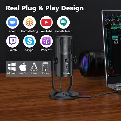 ميكروفون Spedal USB للكمبيوتر الشخصي Mac PS4 وPS5، 4 أنماط التقاط احترافية، ميكروفون كمبيوتر لتسجيل البث الصوتي، حامل مضاد للاهتزاز، مخرج سماعة الرأس والتحكم في مستوى الصوت، أسود in Kuwait