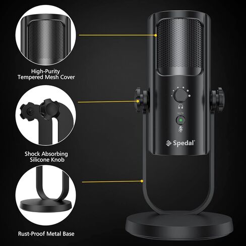 ميكروفون Spedal USB للكمبيوتر الشخصي Mac PS4 وPS5، 4 أنماط التقاط احترافية، ميكروفون كمبيوتر لتسجيل البث الصوتي، حامل مضاد للاهتزاز، مخرج سماعة الرأس والتحكم في مستوى الصوت، أسود in Kuwait