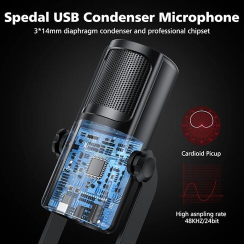 ميكروفون Spedal USB للكمبيوتر الشخصي Mac PS4 وPS5، 4 أنماط التقاط احترافية، ميكروفون كمبيوتر لتسجيل البث الصوتي، حامل مضاد للاهتزاز، مخرج سماعة الرأس والتحكم في مستوى الصوت، أسود in Kuwait