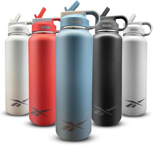 Reebok Stainless Steel Water Bottle With Straw & Lifestyle Design - Insulated Water Bottles 40 oz - Double Wall Vacuum Insulated Sports Water Bottle With Straw, BPA Free (Black) in Kuwait