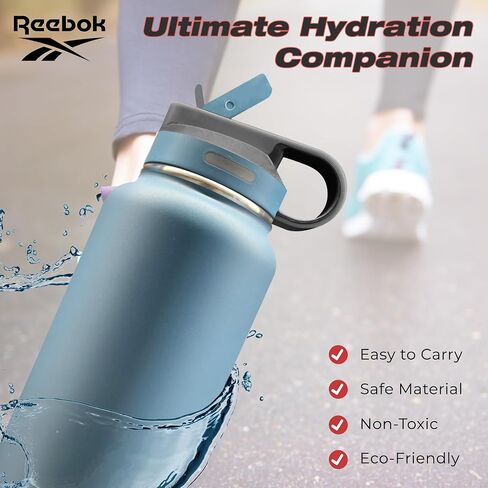 Reebok Stainless Steel Water Bottle With Straw & Lifestyle Design - Insulated Water Bottles 40 oz - Double Wall Vacuum Insulated Sports Water Bottle With Straw, BPA Free (Black) in Kuwait