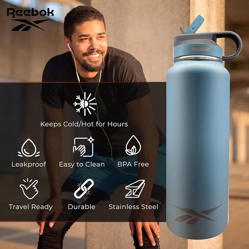Reebok Stainless Steel Water Bottle With Straw & Lifestyle Design - Insulated Water Bottles 40 oz - Double Wall Vacuum Insulated Sports Water Bottle With Straw, BPA Free (Black) in Kuwait