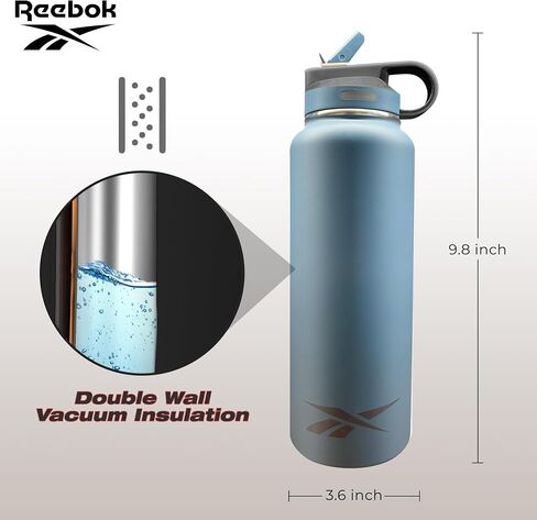 Reebok Stainless Steel Water Bottle With Straw & Lifestyle Design - Insulated Water Bottles 40 oz - Double Wall Vacuum Insulated Sports Water Bottle With Straw, BPA Free (Black) in Kuwait