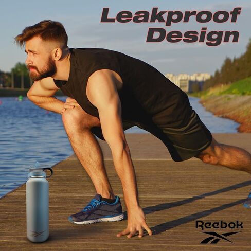 Reebok Stainless Steel Water Bottle With Straw & Lifestyle Design - Insulated Water Bottles 40 oz - Double Wall Vacuum Insulated Sports Water Bottle With Straw, BPA Free (Black) in Kuwait