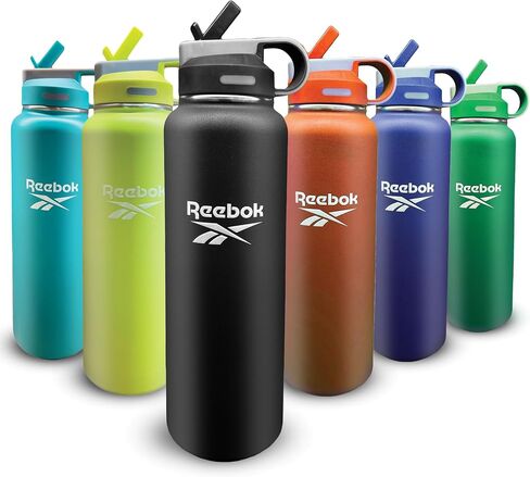 Reebok Stainless Steel Water Bottle With Straw & Lifestyle Design - Insulated Water Bottles 40 oz - Double Wall Vacuum Insulated Sports Water Bottle With Straw, BPA Free (Black) in Kuwait