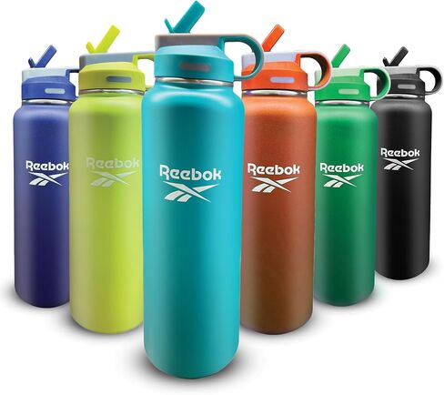Reebok Stainless Steel Water Bottle With Straw & Lifestyle Design - Insulated Water Bottles 40 oz - Double Wall Vacuum Insulated Sports Water Bottle With Straw, BPA Free (Black) in Kuwait