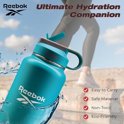 Reebok Stainless Steel Water Bottle With Straw & Lifestyle Design - Insulated Water Bottles 40 oz - Double Wall Vacuum Insulated Sports Water Bottle With Straw, BPA Free (Black) in Kuwait
