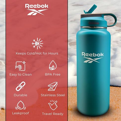 Reebok Stainless Steel Water Bottle With Straw & Lifestyle Design - Insulated Water Bottles 40 oz - Double Wall Vacuum Insulated Sports Water Bottle With Straw, BPA Free (Black) in Kuwait