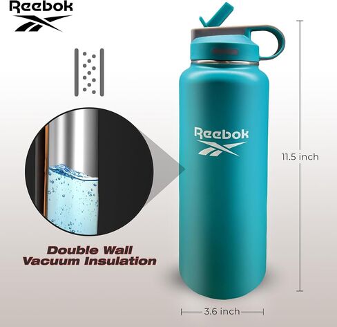 Reebok Stainless Steel Water Bottle With Straw & Lifestyle Design - Insulated Water Bottles 40 oz - Double Wall Vacuum Insulated Sports Water Bottle With Straw, BPA Free (Black) in Kuwait