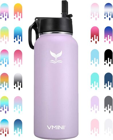 Vmini Water Bottle with Straw, Wide Rotating Handle Straw Lid, Wide Mouth Vacuum Insulated Stainless Steel Water Bottle, Gradient Blue+Mint, 24 oz in Saudi Arabia