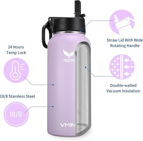 Vmini Water Bottle with Straw, Wide Rotating Handle Straw Lid, Wide Mouth Vacuum Insulated Stainless Steel Water Bottle, Gradient Blue+Mint, 24 oz in Saudi Arabia